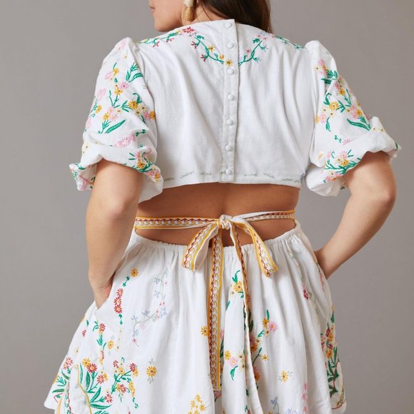 Anthropologie Deep-V Floral Embroidered Mini Dress Size 2XL White - Picture 2 of 13